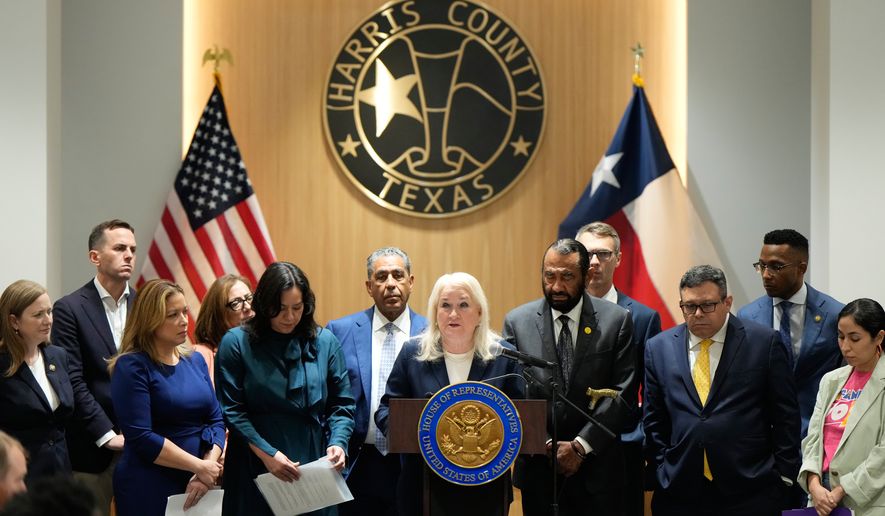 U.S. Rep. Sylvia Garcia, D-Texas, center, leads a news conference with other members of Congress after an oversight forum on Friday, July 24, 2026, in Houston, about the death of Lorenzo Salgado Araujo, who was fatally shot by an ICE officer. (AP Photo/Ashley Landis)