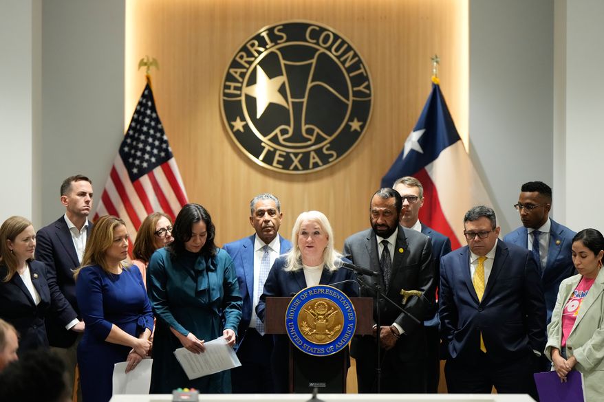 U.S. Rep. Sylvia Garcia, D-Texas, center, leads a news conference with other members of Congress after an oversight forum on Friday, July 24, 2026, in Houston, about the death of Lorenzo Salgado Araujo, who was fatally shot by an ICE officer. (AP Photo/Ashley Landis)