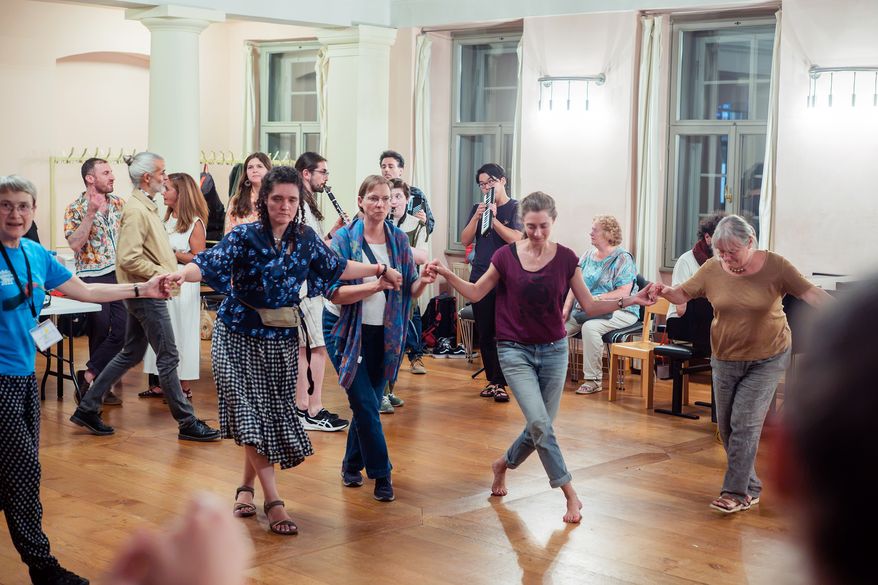Attendees dance during a Yiddish Summer Weimar event on July 24, 2026, in Weimar, Germany. (Shendl Copitman/Religion News Service via AP)
