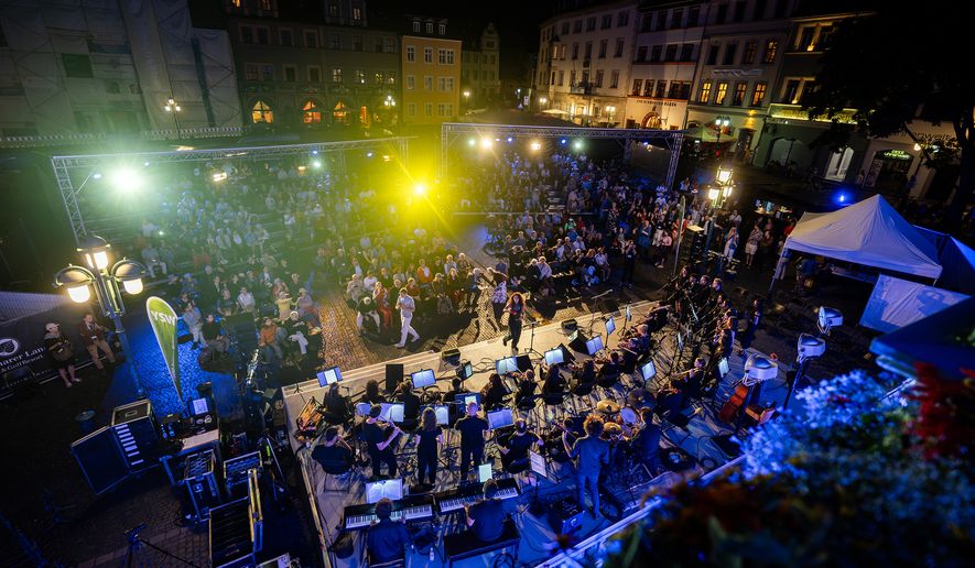 The Caravan Orchestra & Choir performs during a Yiddish Summer Weimar event on July 24, 2026, in Weimar, Germany. (Shendl Copitman/Religion News Service via AP)