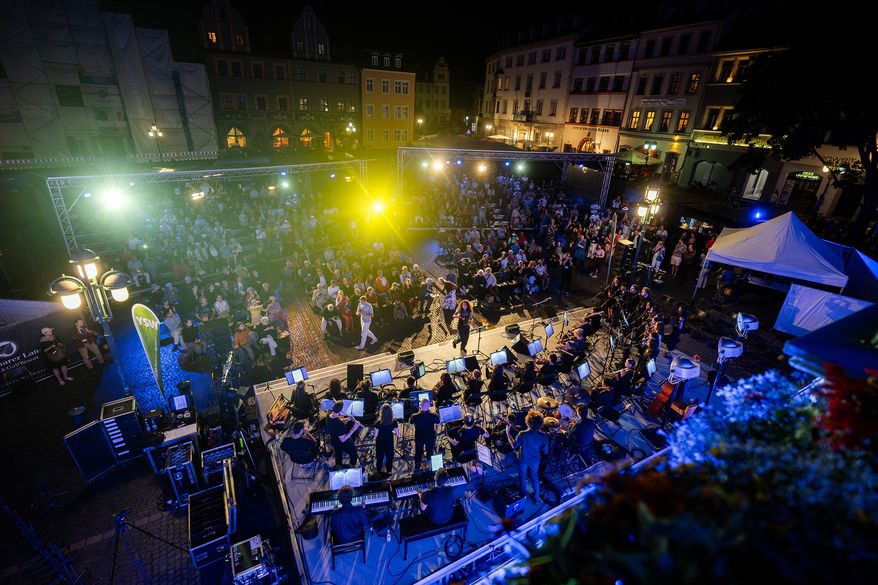 The Caravan Orchestra & Choir performs during a Yiddish Summer Weimar event on July 24, 2026, in Weimar, Germany. (Shendl Copitman/Religion News Service via AP)