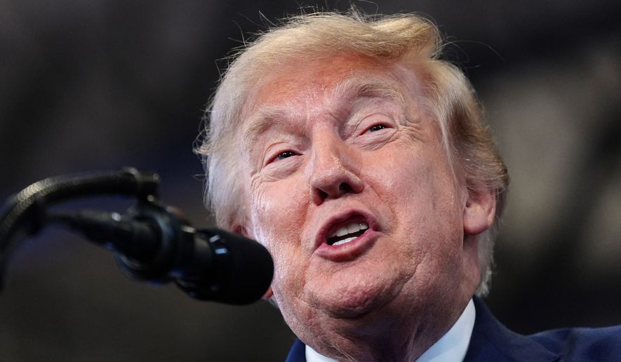 President Donald Trump speaks at the David Mack Center for Training and Intelligence, Friday, Aug. 14, 2026, in Garden City, N.Y. (AP Photo/Julia Demaree Nikhinson)