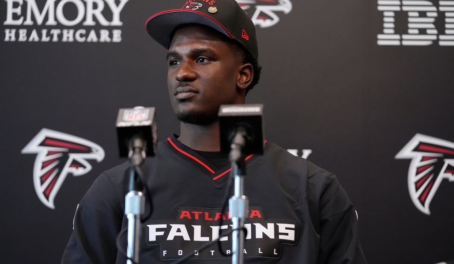 FILE - Atlanta Falcons first-round draft pick James Pearce Jr., speaks during a news conference, Friday, April 25, 2025, in Flowery Branch, Ga. (AP Photo/Brynn Anderson, File)