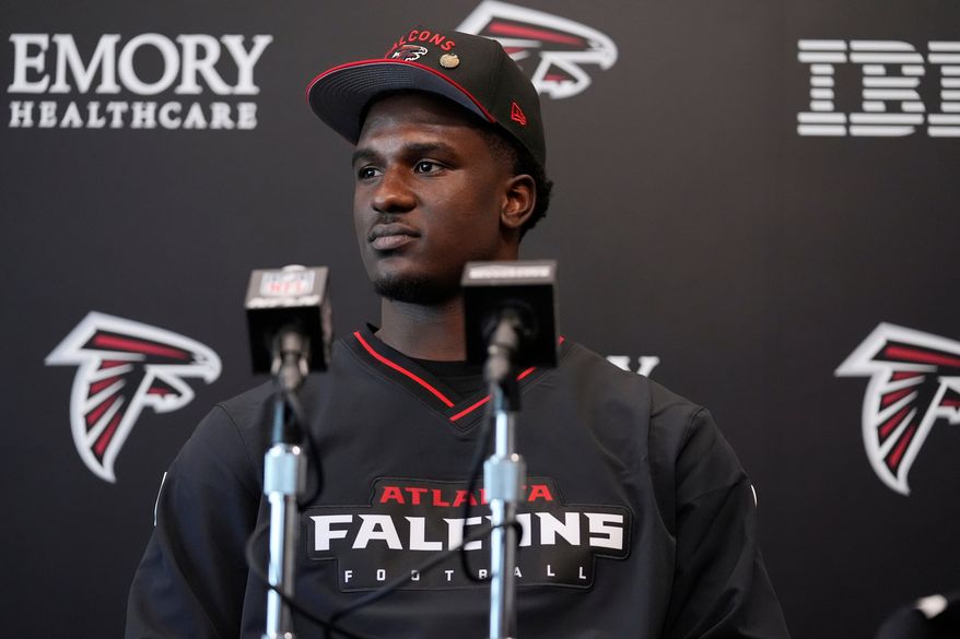 FILE - Atlanta Falcons first-round draft pick James Pearce Jr., speaks during a news conference, Friday, April 25, 2025, in Flowery Branch, Ga. (AP Photo/Brynn Anderson, File)