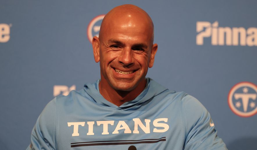 Tennessee Titans head coach Robert Saleh speaks at a news conference after a preseason NFL football game against the San Francisco 49ers, Thursday, Aug. 13, 2026, in Santa Clara, Calif. (AP Photo/Jed Jacobsohn)