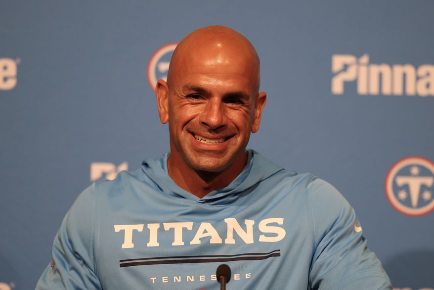 Tennessee Titans head coach Robert Saleh speaks at a news conference after a preseason NFL football game against the San Francisco 49ers, Thursday, Aug. 13, 2026, in Santa Clara, Calif. (AP Photo/Jed Jacobsohn)