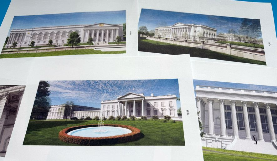 Artist renderings relating to White House Ballroom construction, contained in a filing by the Trump administration to the U.S. Supreme Court, are photographed Friday, Aug. 14, 2026. (AP Photo/Jon Elswick)