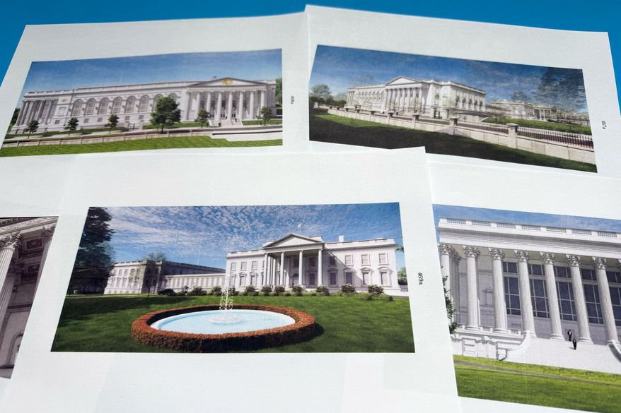 Artist renderings relating to White House Ballroom construction, contained in a filing by the Trump administration to the U.S. Supreme Court, are photographed Friday, Aug. 14, 2026. (AP Photo/Jon Elswick)
