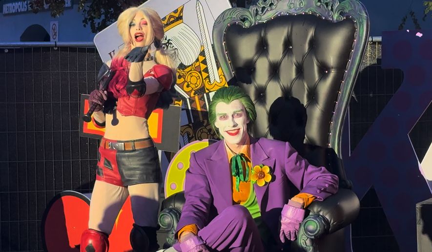 Harley Quinn and the Joker greet fans at Six Flags Great Adventure's DC Heroes and Villains Fest. (Photograph by Jacquie Kubin / Special to The Washington Times)