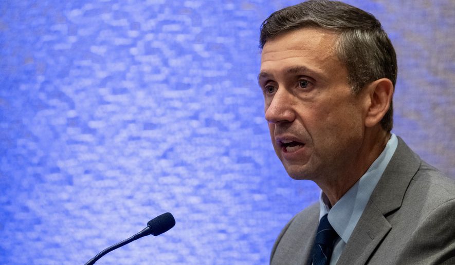 Democratic National Committee Chair Ken Martin speaks during a Labor Council meeting as part of the DNC Summer Meeting, Thursday, Aug. 13, 2026, in Austin, Texas. (AP Photo/Joel Angel Juarez)