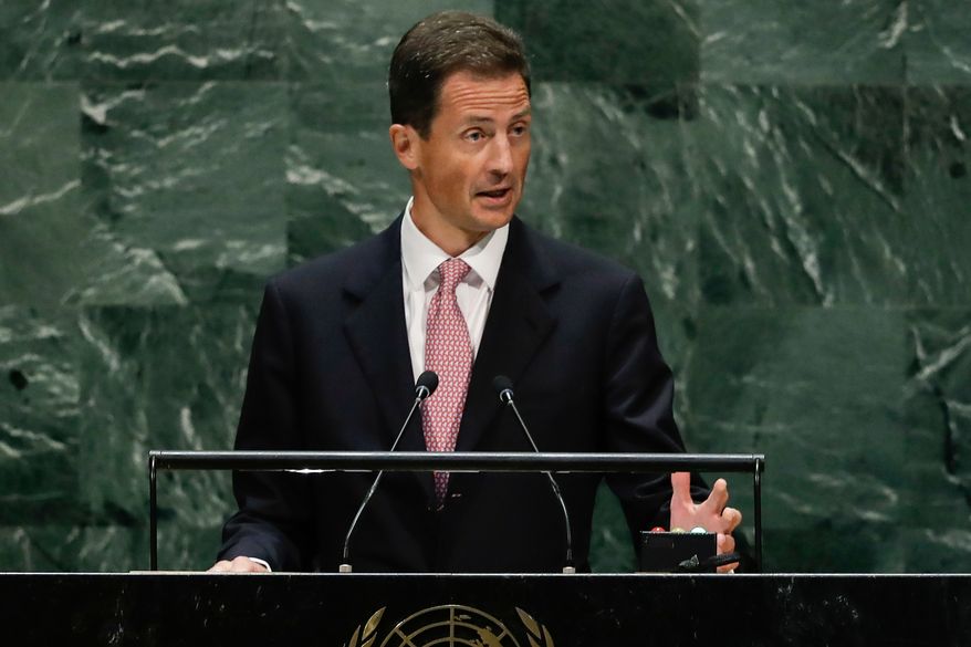 Prince Alois of Liechtenstein addresses the 74th session of the United Nations General Assembly, Tuesday, Sept. 24, 2019, at the United Nations headquarters. (AP Photo/Frank Franklin II, File)
