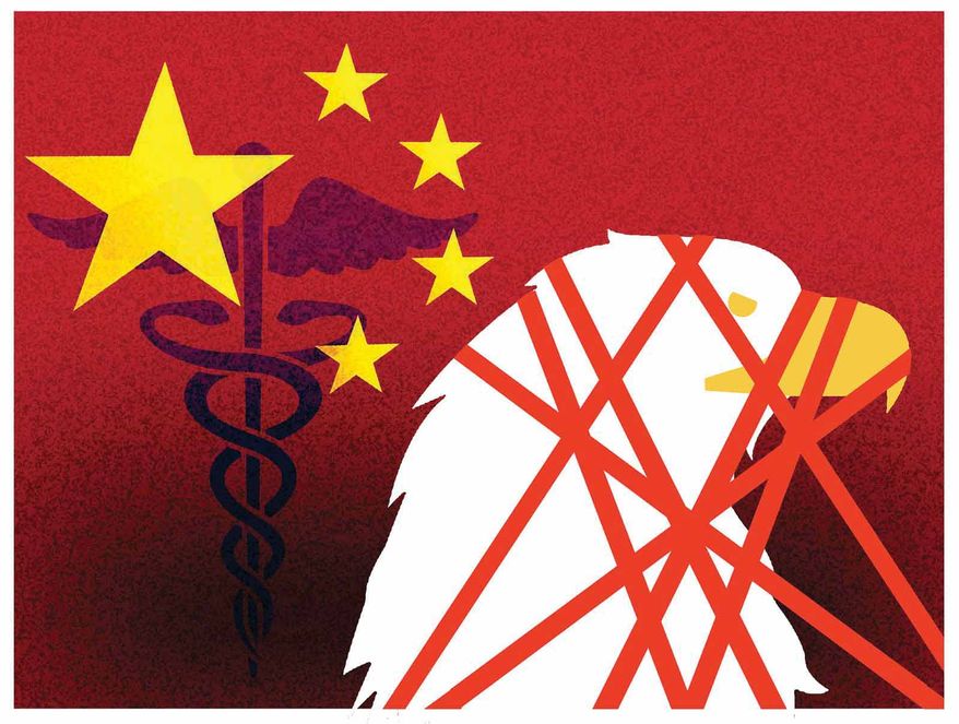 China competing against the United States of America in biomedical research and the global biotech industry illustration by Alexander Hunter/The Washington Times