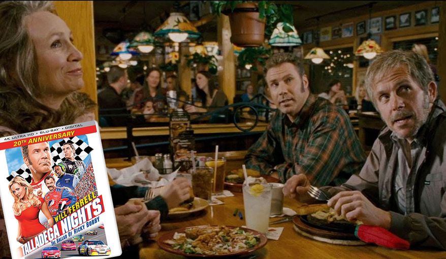 The Bobby family has dinner at Applebee's in "Talladega Nights: "The Ballad of Ricky Bobby," now available in the 4K disc format from Sony Pictures Home Entertainment.