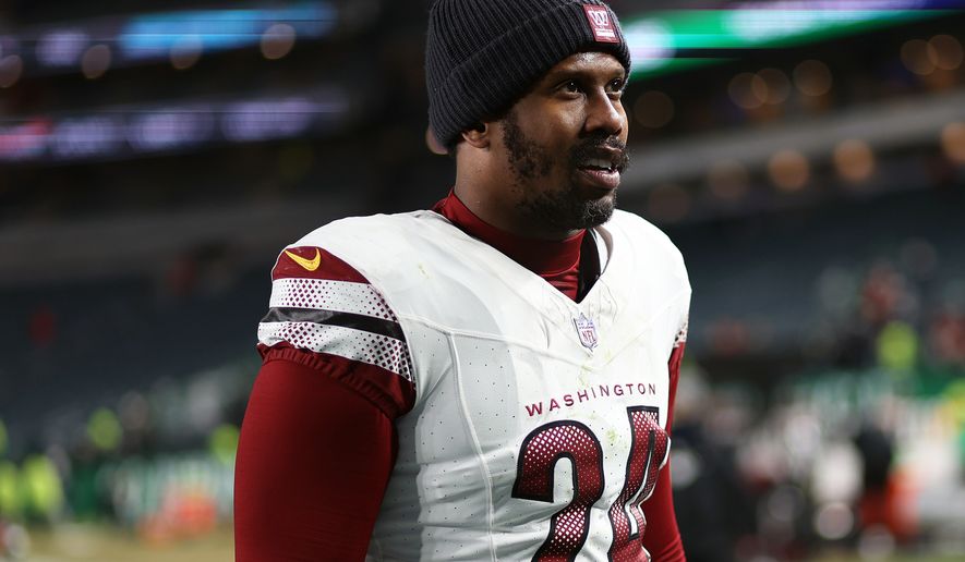 FILE - Washington Commanders linebacker Von Miller (24) looks on after an NFL football game against the Philadelphia Eagles, on Jan. 4, 2026, in Philadelphia. (AP Photo/Daniel Kucin Jr., File)