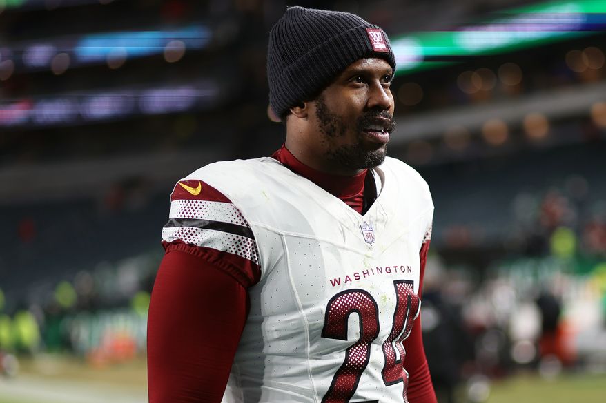 FILE - Washington Commanders linebacker Von Miller (24) looks on after an NFL football game against the Philadelphia Eagles, on Jan. 4, 2026, in Philadelphia. (AP Photo/Daniel Kucin Jr., File)
