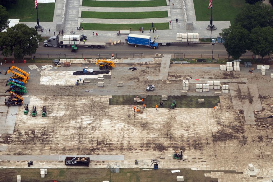 FILE - Workers dismantle structures from Salute to America, an Independence Day event honoring the nation's 250th anniversary, as seen from the Washington Monument, on July 10, 2026, in Washington. (AP Photo/Mark Schiefelbein, File)