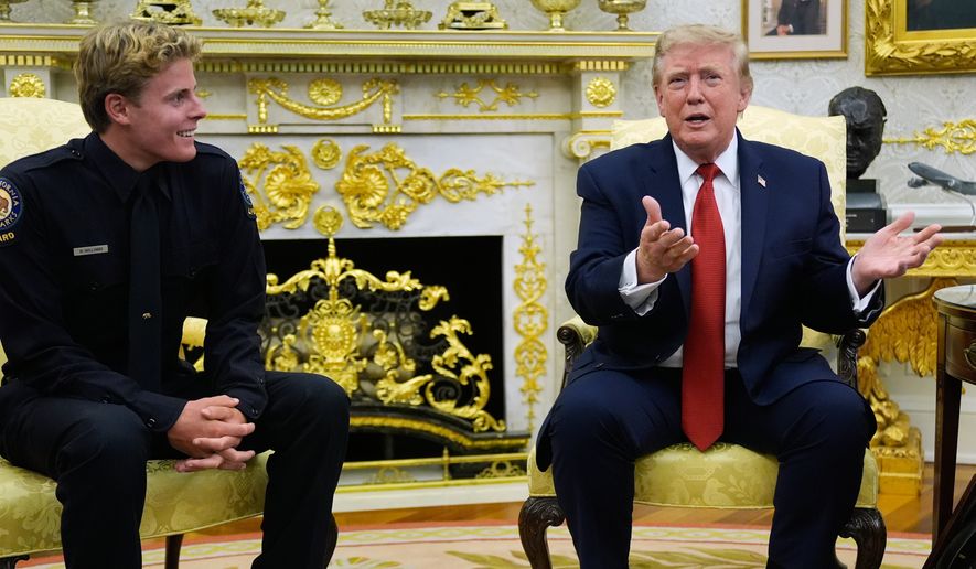 President Donald Trump speaks as he meets with lifeguard Ryder Williams in the Oval Office of the White House, Monday, Aug. 17, 2026, in Washington. (AP Photo/Manuel Balce Ceneta)