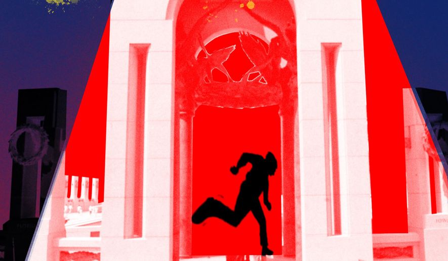 Vandalism at the World War II Memorial illustration by Linas Garsys / The Washington Times