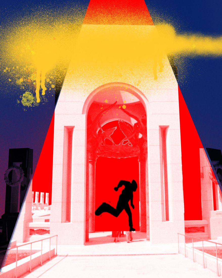 Vandalism at the World War II Memorial illustration by Linas Garsys / The Washington Times