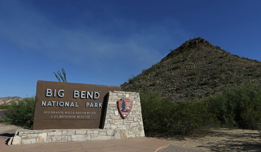 A Big Bend National Park sign at the west side entrance near Maverick Junction in Big Bend National Park in Texas on May 24, 2019 (Jacob Ford/Odessa American via AP) **FILE**