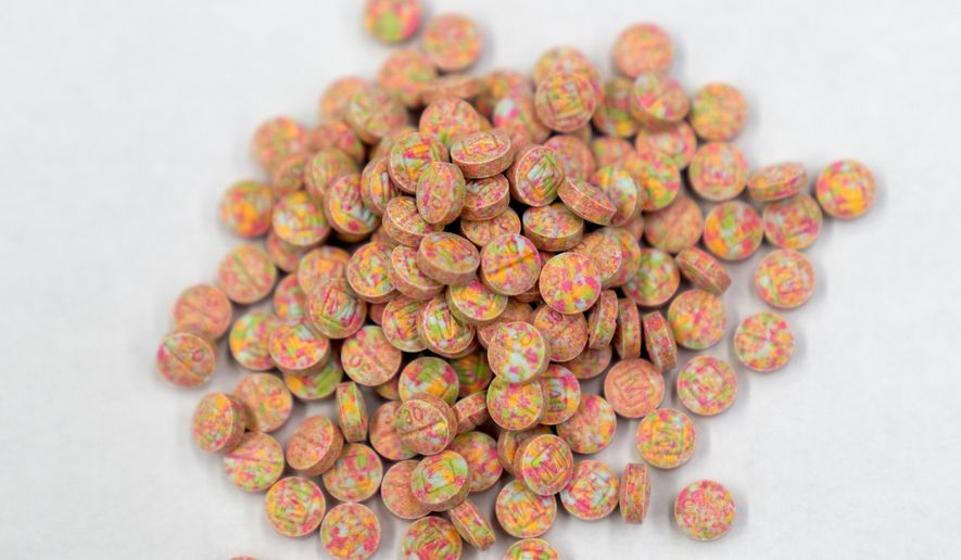Fentanyl pills are displayed at a Drug Enforcement Administration research laboratory on Tuesday, April 29, 2025, in Northern Virginia. (AP Photo/Mark Schiefelbein, File)
