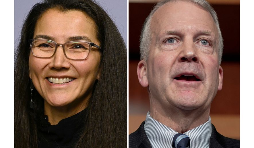 This photo combination shows Democratic Rep. Mary Peltola, Oct. 10, 2024, in Anchorage, Alaska, left, and Sen. Dan Sullivan, R-Alaska, Feb. 8, 2024, on Capitol Hill in Washington. (Bill Roth, Mariam Zuhaib/Anchorage Daily News via AP/AP, file)