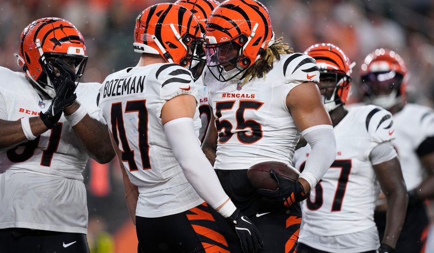 Cincinnati Bengals defensive end Cashius Howell (55) reacts with Swayzee Bozeman (47) after recovering a Detroit Lions fumble during the first half of a preseason NFL football game Thursday, Aug. 13, 2026, in Cincinnati. (AP Photo/Carolyn Kaster)