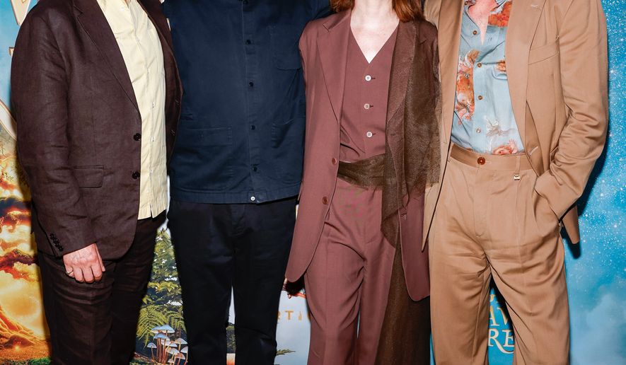 Nicolas Brown, from left, director Ben Gregor, Claire Foy, and Andrew Garfield attend "The Magic Faraway Tree" special screening at Regal Union Square on Wednesday, July 29, 2026, in New York. (Photo by CJ Rivera/Invision/AP)