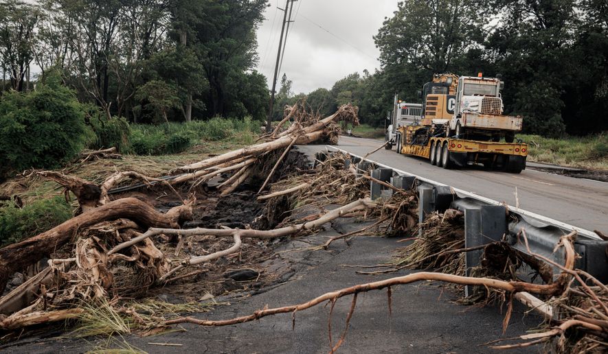 Debris is seen along Hawaiʻi Belt Road near Pahala, Hawaii, Sunday, Aug. 16, 2026, after a severe weather system went through the area. (Stephen Lam/San Francisco Chronicle via AP)
