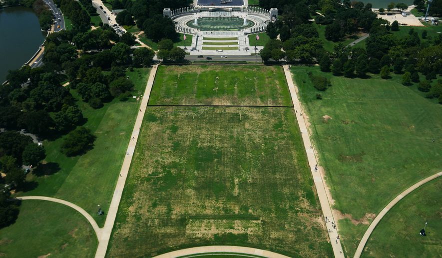Damaged grass on the National Mall is seen from the Washington Monument, Monday, Aug. 17, 2026, in Washington, with the World War II Memorial in the background. (AP Photo/Julia Demaree Nikhinson)