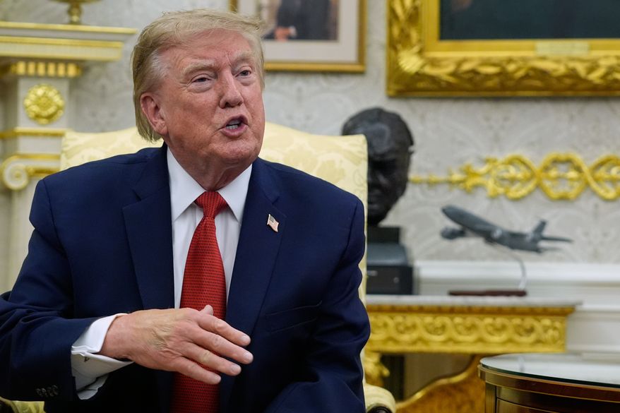 President Donald Trump speaks as he meets with lifeguard Ryder Williams in the Oval Office of the White House in Washington on Monday, Aug. 17, 2026. (AP Photo/Manuel Balce Ceneta) **FILE**