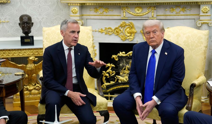 Canada Prime Minister Mark Carney and President Donald Trump hold a press conference at the White House in Washington, D.C., Oct. 7, 2025. (Adrian Wyld/The Canadian Press via AP, File)