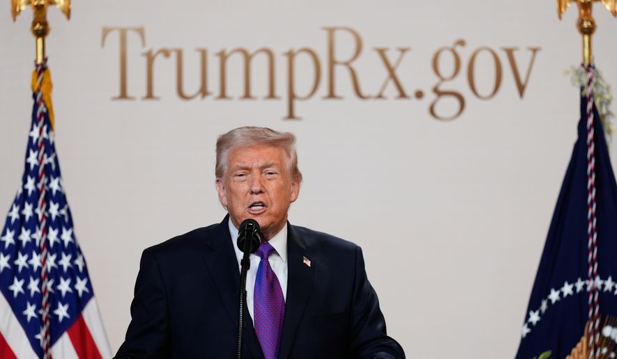FILE - President Donald Trump speaks about TrumpRx in the South Court Auditorium in the Old Eisenhower Executive Office Building on the White House campus, Feb. 5, 2026, in Washington. (AP Photo/Alex Brandon, File)