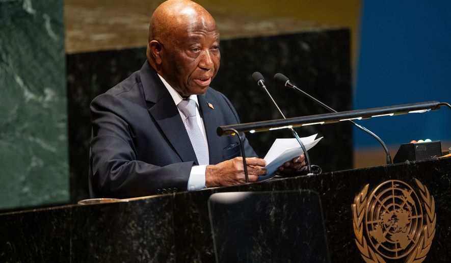 FILE -Liberia's President Joseph Boakai addresses the 80th session of the UN General Assembly at United Nations headquarters, Sept. 22, 2025. (AP Photo/Angelina Katsanis, File)