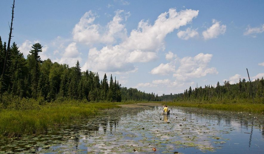 FILE - In this undated photo canoeists navigate the Pocket River in the Boundary Waters Canoe Area Wilderness near Ely, Minn. (Nathaniel Minor/Minnesota Public Radio via AP, File)