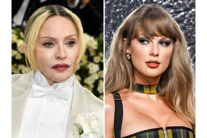 Madonna appears at The Metropolitan Museum of Art's Costume Institute benefit gala in New York on May 5, 2025, left, and Taylor Swift appears at the MTV Video Music Awards in Elmont, N.Y., on Sept. 11, 2024. (Photos by Evan Agostini/Invision/AP, File)