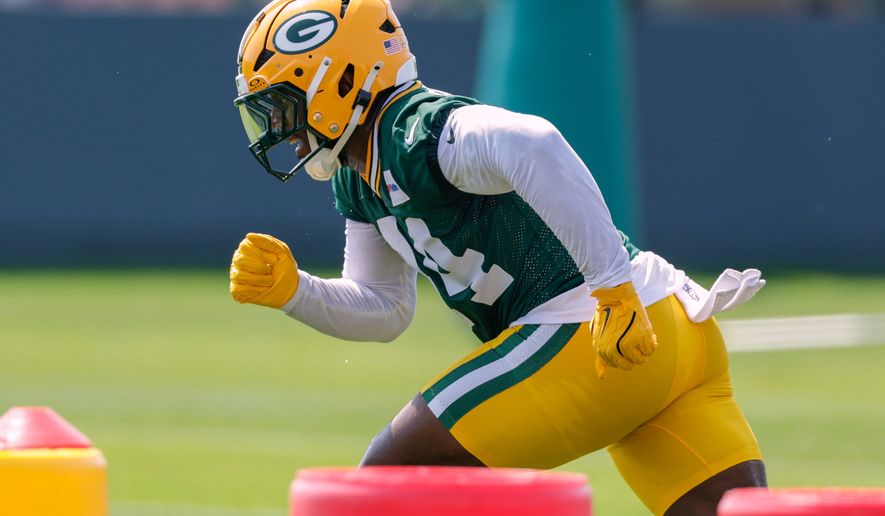 FILE - Green Bay Packers linebacker Zaire Franklin (44) runs a drill during practice at the team's NFL football training camp, July 30, 2026, in Green Bay, Wis. (AP Photo/Matt Ludtke, File)