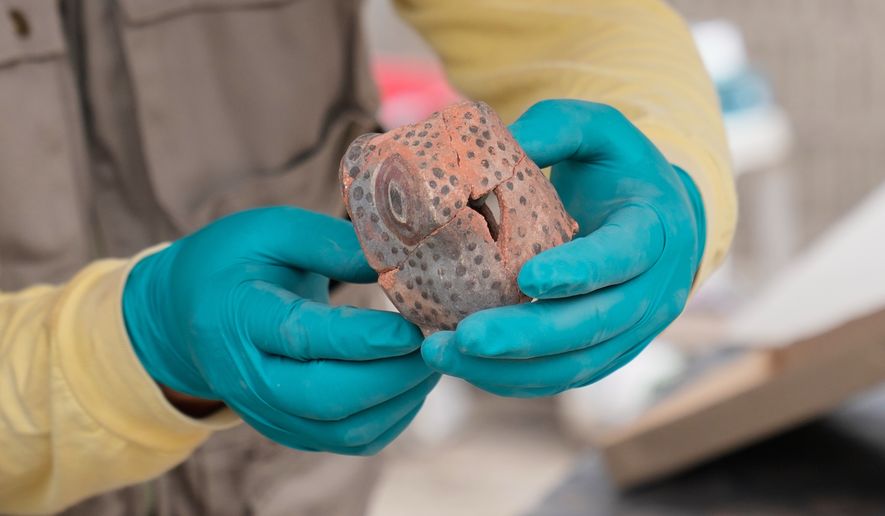 An archaeologist holds up a ceramic snake head that he unearthed while excavating skeletal remains at the Huaca Pucllana archaeological site in Lima, Peru, Tuesday, Aug. 18, 2026. The findings are from the Lima culture, according to the excavation's leader Gladys Paz. (AP Photo/Martin Mejia)