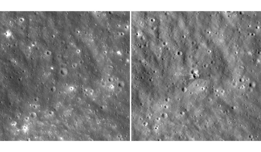 This combo made with photos provided by NASA on Tuesday, Aug. 18, 2026, taken by the Lunar Reconnaissance Orbiter, shows before, left, and after images of a fresh crater on the moon created by a collision with a SpaceX rocket. (NASA via AP)