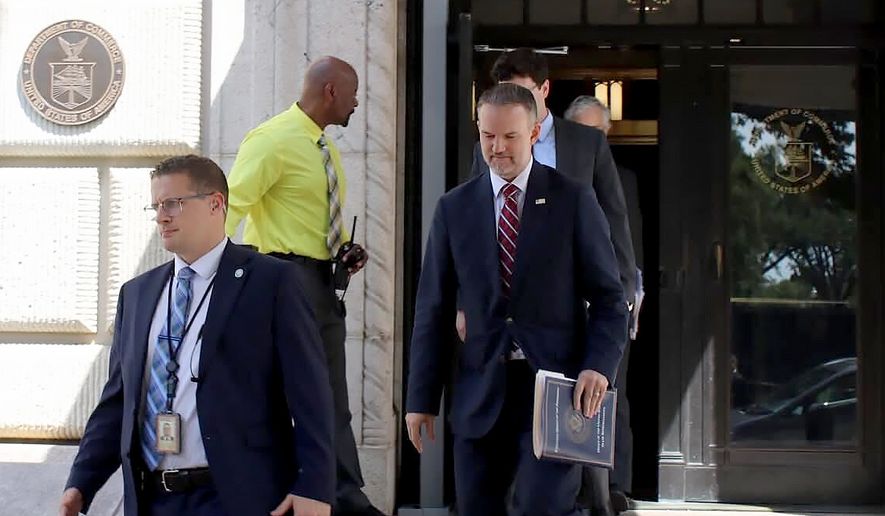 United States Trade Representative Jamieson Greer, center, leaves the U.S. Department of Commerce following a meeting with Canadian officials, in Washington, Monday, Aug. 17, 2026. (Kelly Geraldine Malone/The Canadian Press via AP)