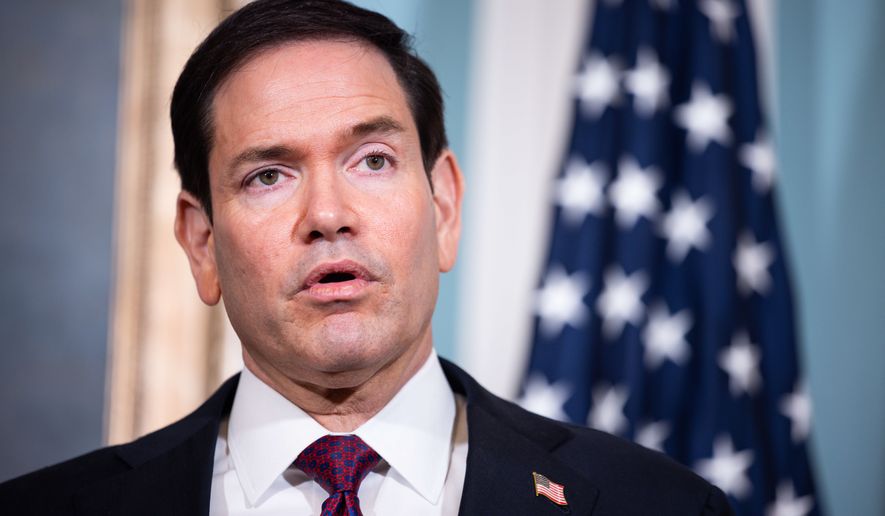 Secretary of State Marco Rubio speaks alongside Paraguay's Vice President Pedro Alliana (not pictured), in the Treaty Room at the State Department, Tuesday, Aug. 4, 2026, in Washington. (AP Photo/Tierney L. Cross)