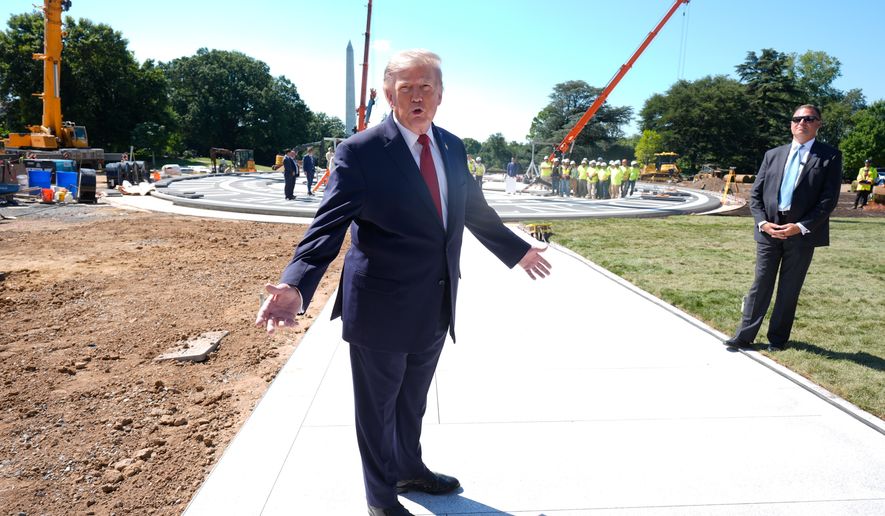 President Donald Trump speaks outside the White House, Wednesday, Aug. 19, 2026, in Washington, near the construction site of the new helicopter landing zone on the South Lawn of the White House. (AP Photo/Manuel Balce Ceneta)
