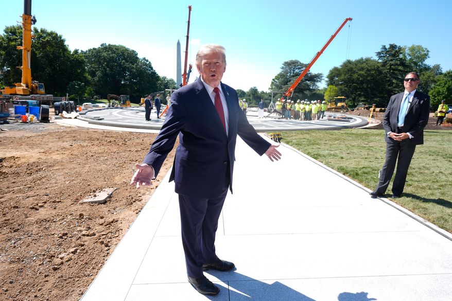 President Donald Trump speaks outside the White House, Wednesday, Aug. 19, 2026, in Washington, near the construction site of the new helicopter landing zone on the South Lawn of the White House. (AP Photo/Manuel Balce Ceneta)