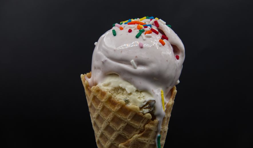 Ice cream on a waffle cone begins to melt as it is displayed in Phoenix, Wednesday, Aug. 19, 2026. (AP Photo/Dario Lopez-Mills)