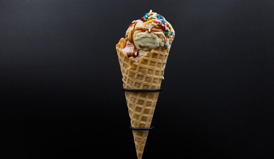 Ice cream on a waffle cone is displayed in Phoenix, Wednesday, Aug. 19, 2026. (AP Photo/Dario Lopez-Mills)