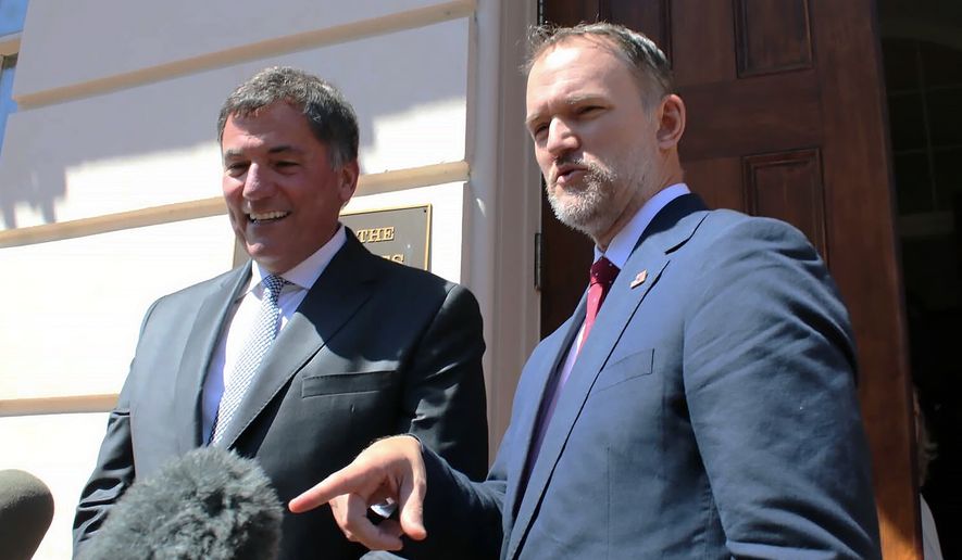 Canada-U.S. Trade Minister Dominic LeBlanc, left, and United States Trade Representative Jamieson Greer speak to reporters in Washington, D.C., on Wednesday, Aug. 19, 2026, the day after the Trump administration temporarily delayed tariffs on Canada. (Kelly Geraldine Malone/The Canadian Press via AP)