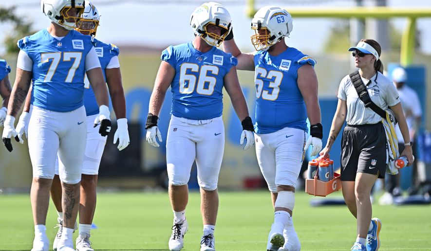 Los Angeles Chargers center Jake Slaughter (66) is greeted by center Tyler Biadasz (63) during practice at the NFL football team's training camp Wednesday, July 29, 2026, in El Segundo, Calif. (AP Photo/William Liang)