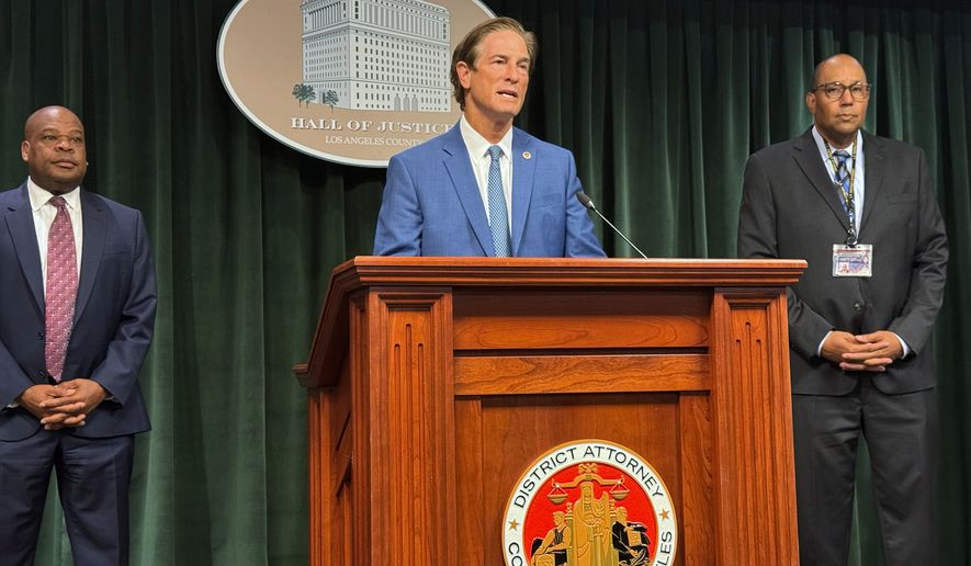 Los Angeles District Attorney Nathan Hochman delivers remarks at a press conference on Wednesday, Aug. 19, 2026, at the Hall of Justice in Los Angeles. (AP Photo/Safiyah Riddle)