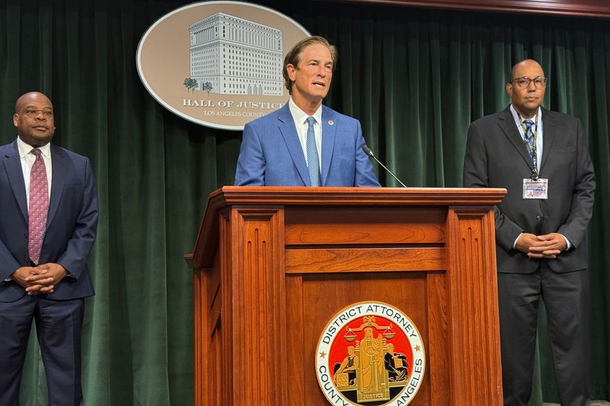 Los Angeles District Attorney Nathan Hochman delivers remarks at a press conference on Wednesday, Aug. 19, 2026, at the Hall of Justice in Los Angeles. (AP Photo/Safiyah Riddle)