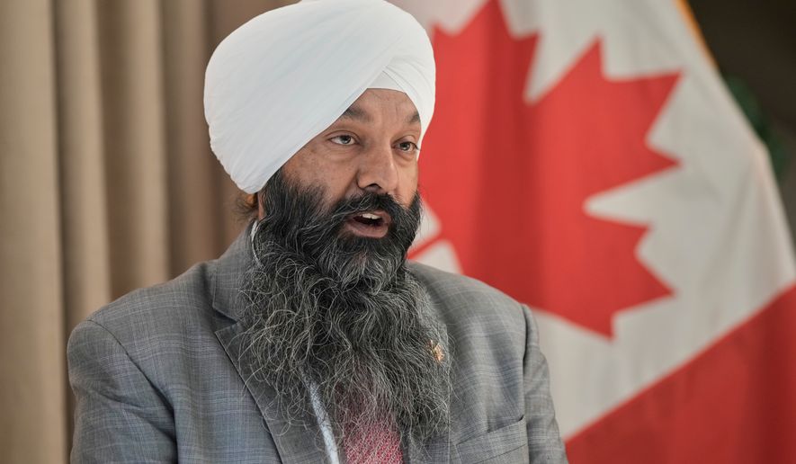 Canada's Secretary of State for International Development Randeep Sarai speaks during an interview with The Associated Press in Beirut, Lebanon, Tuesday, Aug. 18, 2026. (AP Photo/Bilal Hussein)